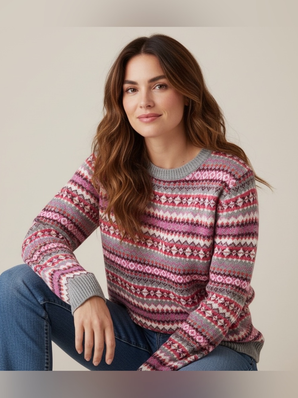 Talbots Lambswool Blend Fair Isle Knit Pullover Sweater Gray Pink Women’s M